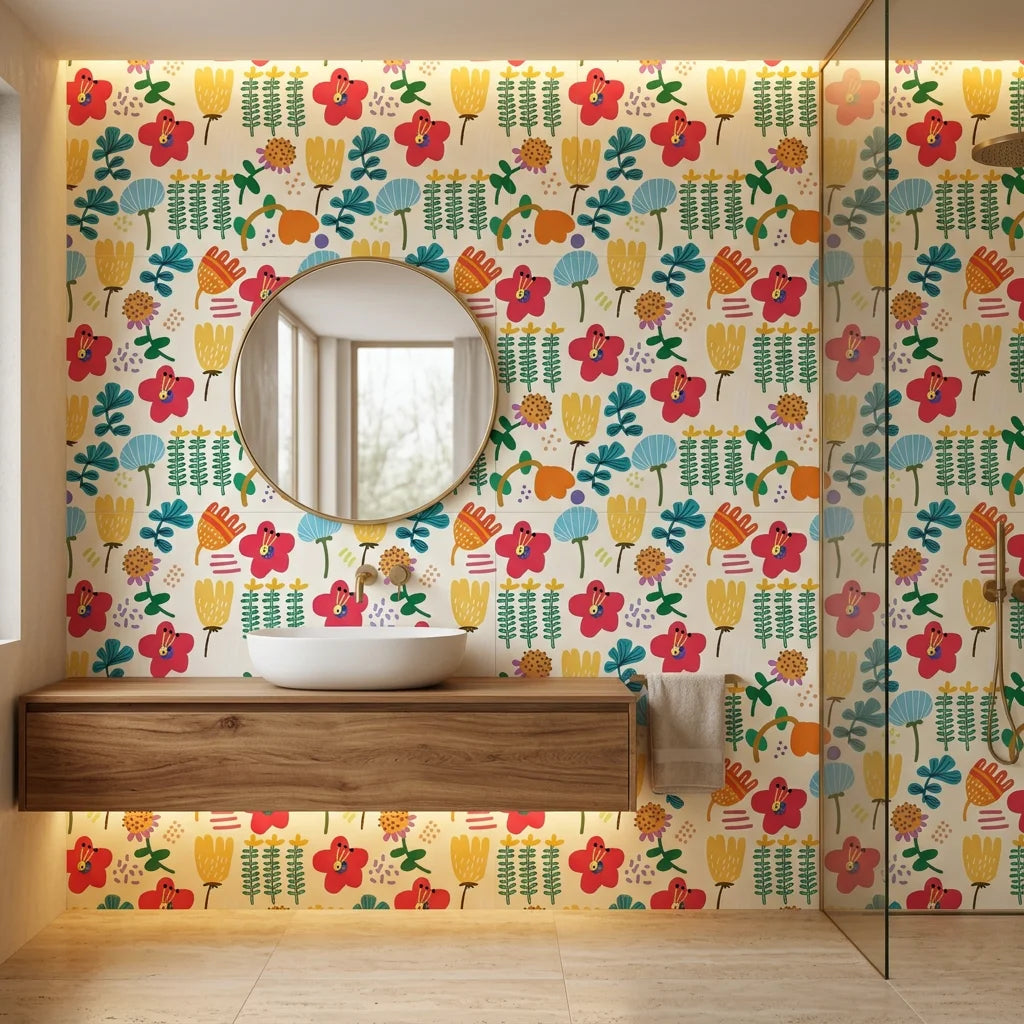 Joy Bloom white colorful scandi floral wallpaper creating ambiance in a serene bathroom