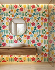 Joy Bloom white colorful scandi floral wallpaper creating ambiance in a serene bathroom