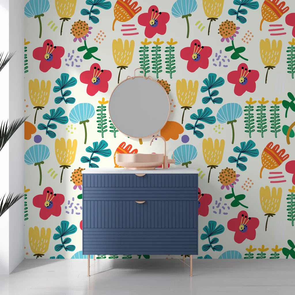 Bohemian folk art flower mural with a peel-and-stick application - Joy Bloom