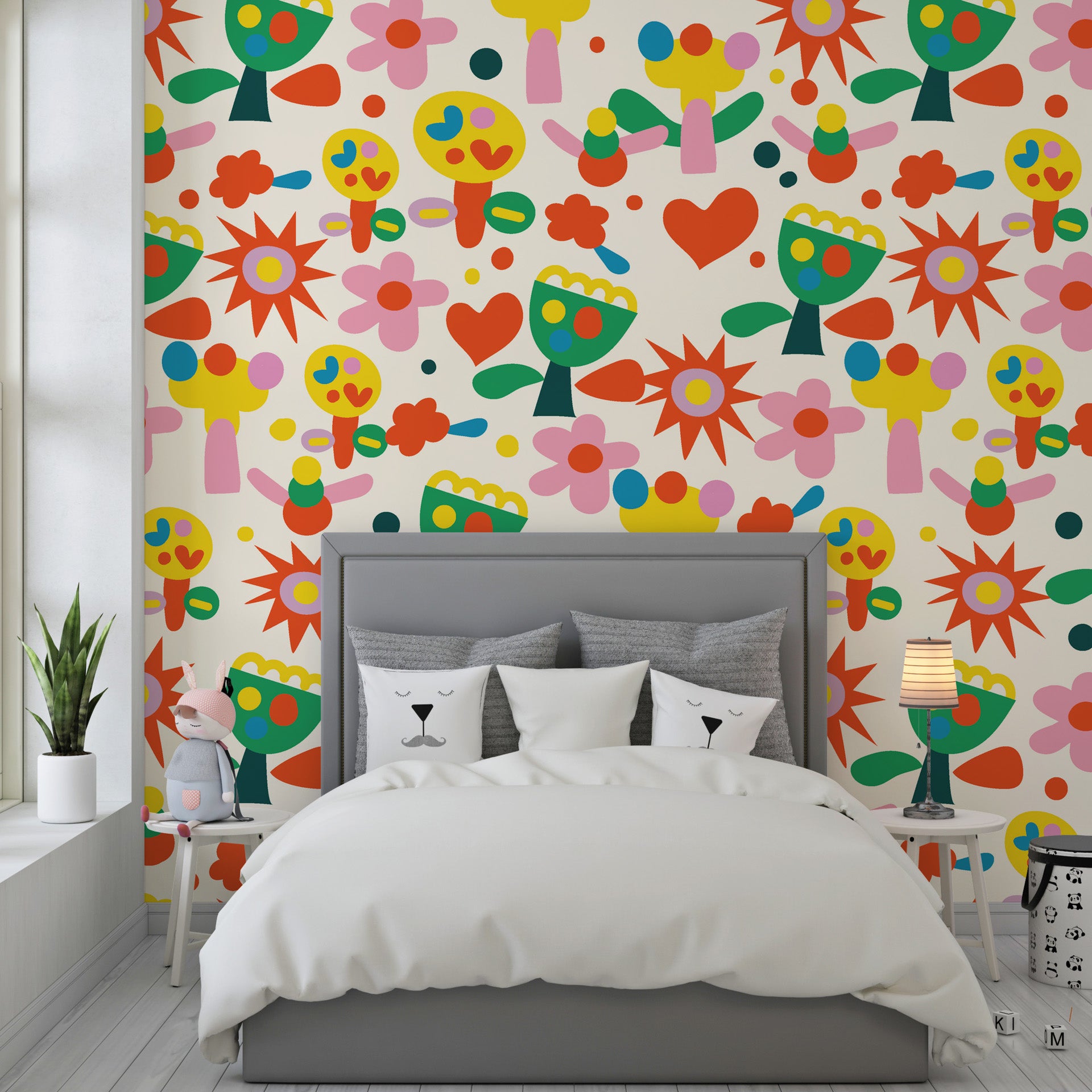 Vibrant kaleidoscopic floral pattern with sharp geometric edges on removable adhesive wallpaper - Joyful Bloom