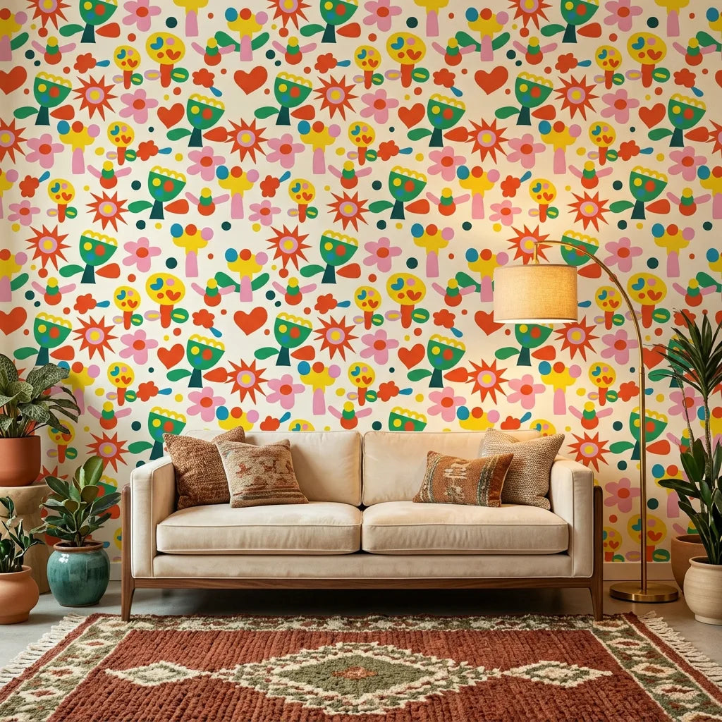 Joyful Bloom cream abstract cutout floral wallpaper in a warm and inviting living room