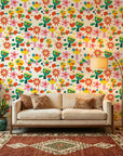 Joyful Bloom cream abstract cutout floral wallpaper in a warm and inviting living room