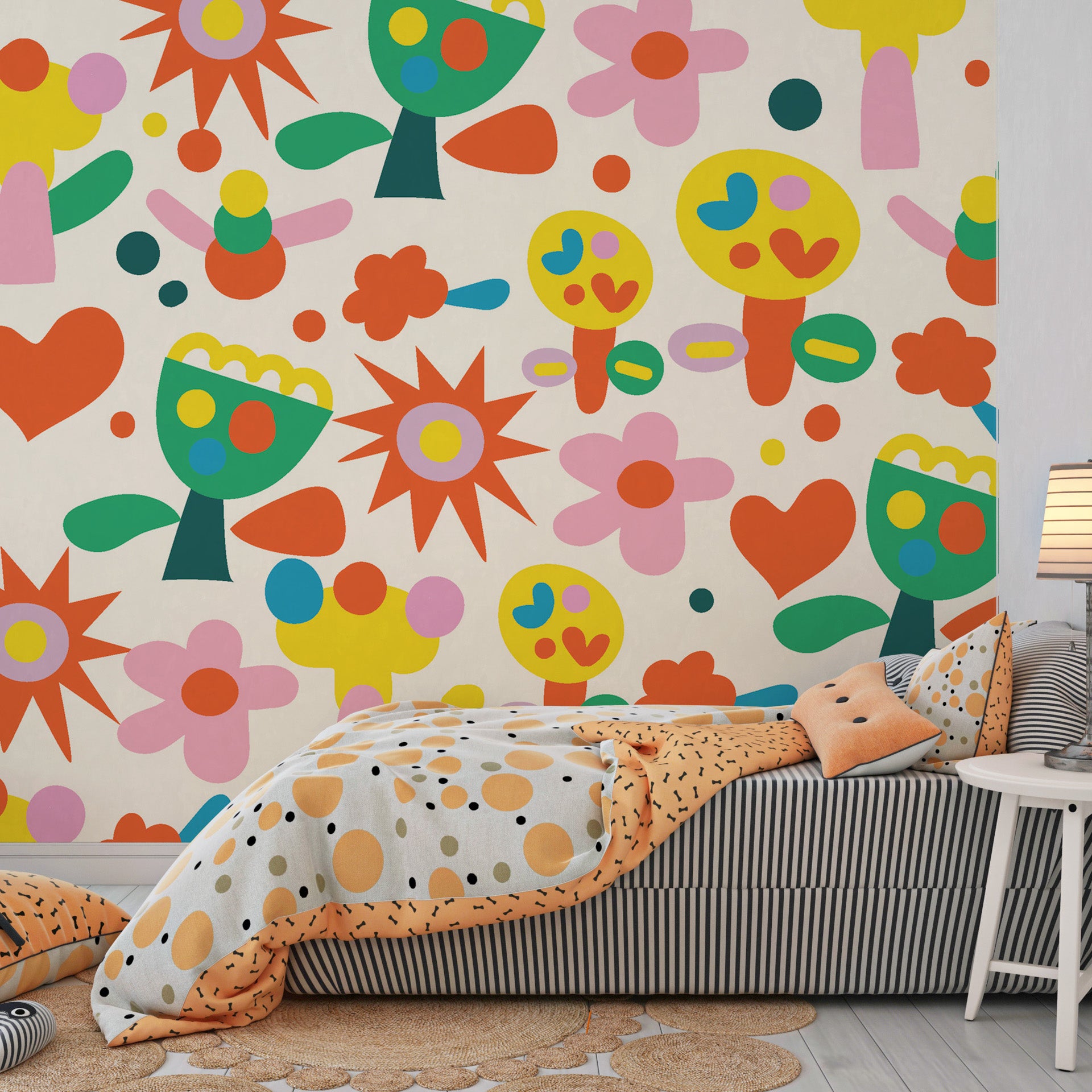 Modern stylized multi-colored blossom mural featuring symmetrical angular petal arrangements - Joyful Bloom