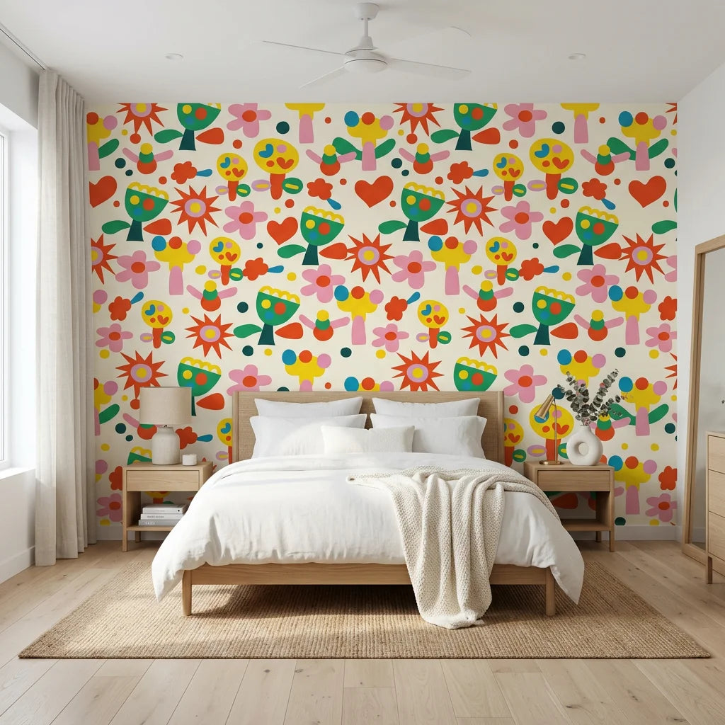 Joyful Bloom cream abstract cutout floral wallpaper adding character to a cozy bedroom