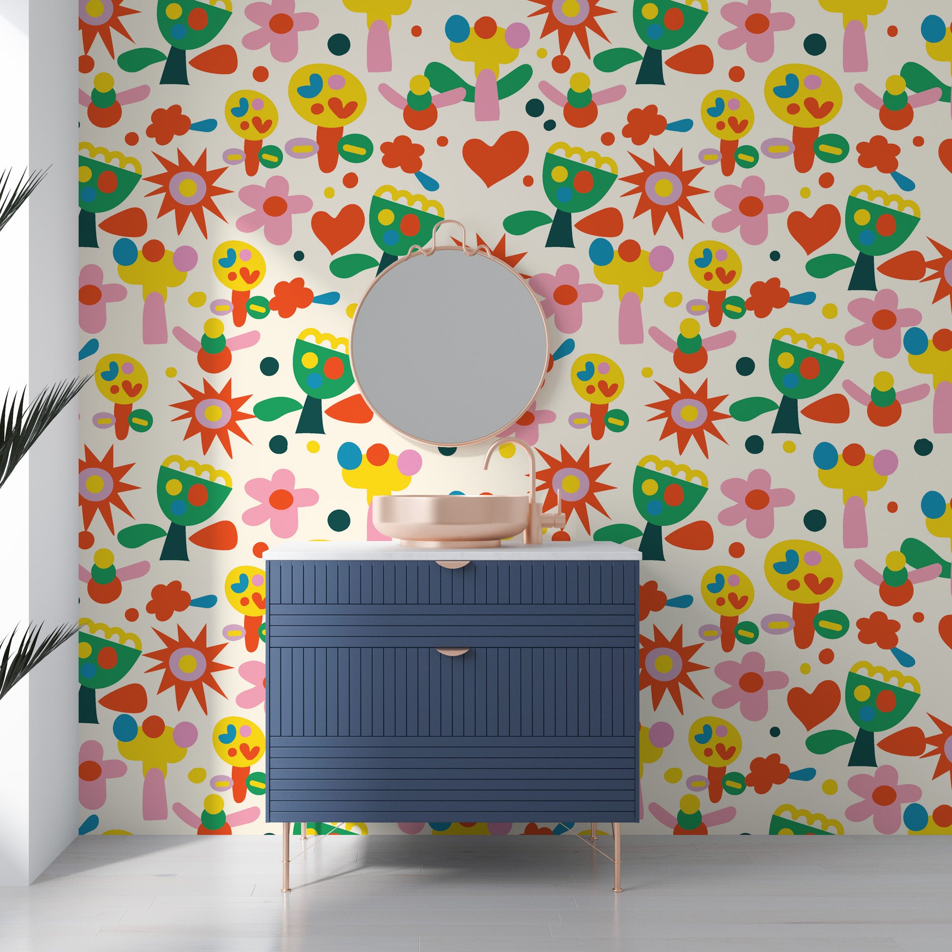 Artistic rainbow-hued geometric flower motifs on a self-adhesive wall covering - Joyful Bloom