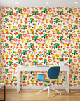 Joyful Bloom cream abstract cutout floral wallpaper as a feature wall in a bright home office