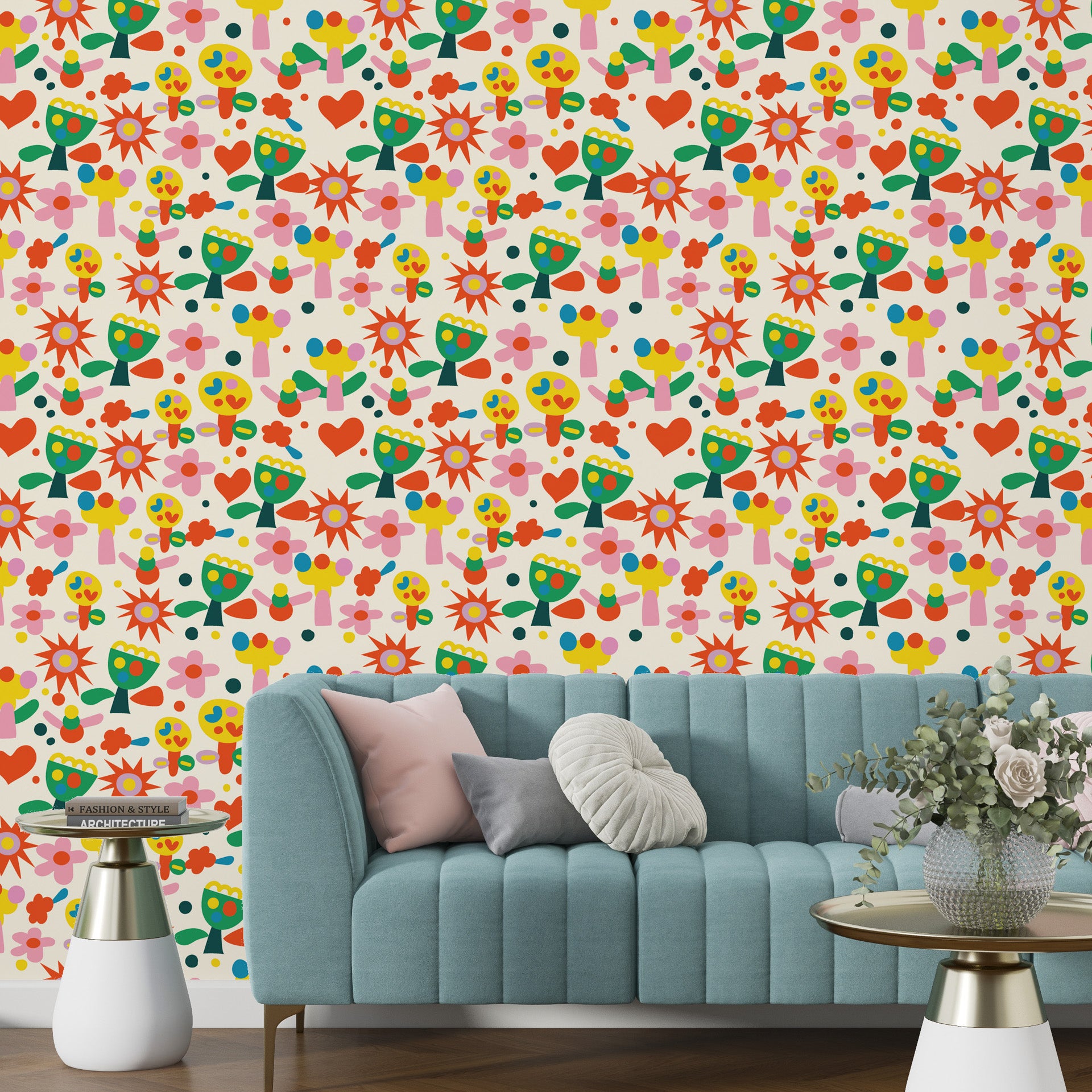 Contemporary bright botanical design with abstract shapes and vivid colors for peel-and-stick application - Joyful Bloom