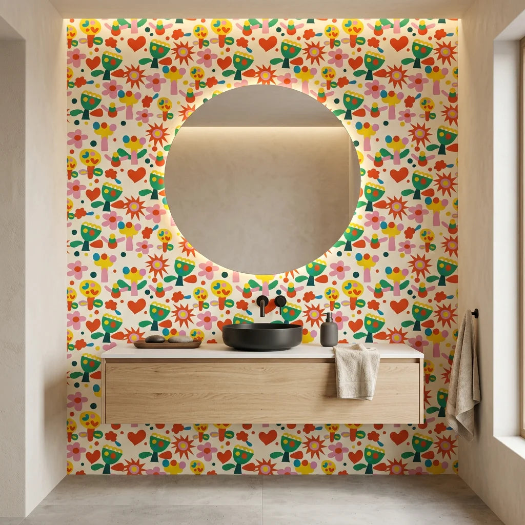 Joyful Bloom cream abstract cutout floral wallpaper creating ambiance in a serene bathroom