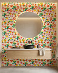 Joyful Bloom cream abstract cutout floral wallpaper creating ambiance in a serene bathroom