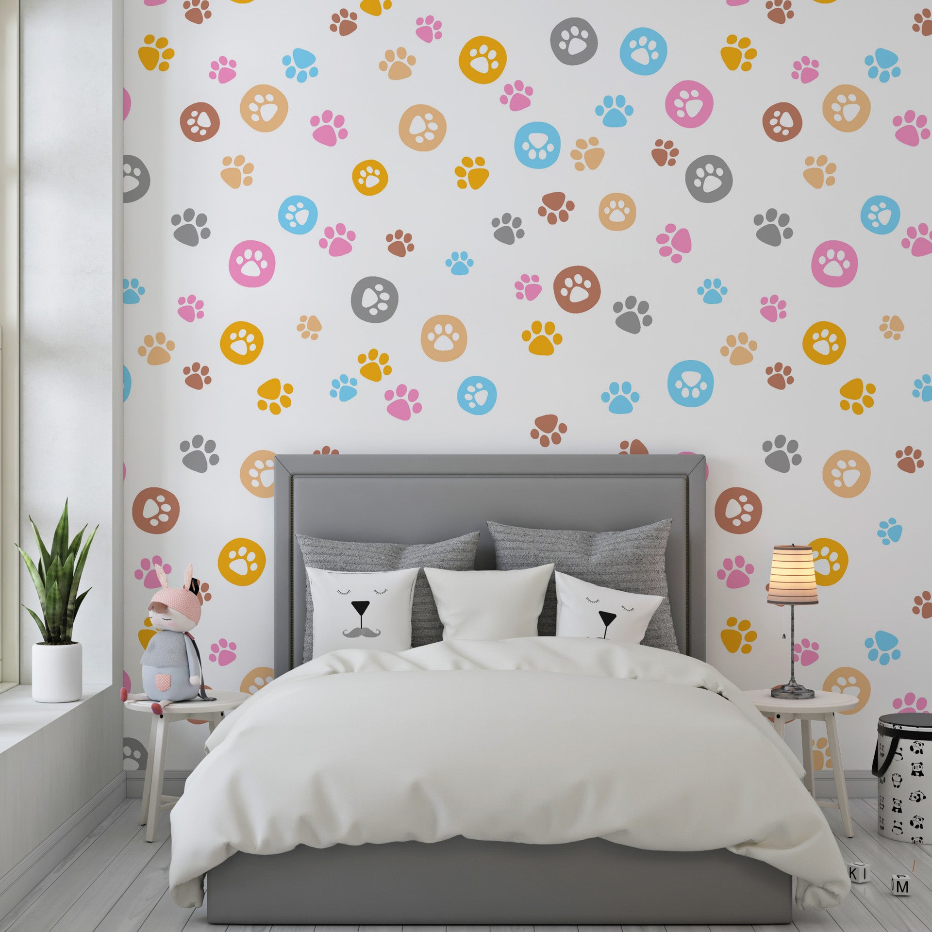 Vibrant multicolored paw print self-adhesive wall covering with a repetitive animal track motif - Joyful Jaunts