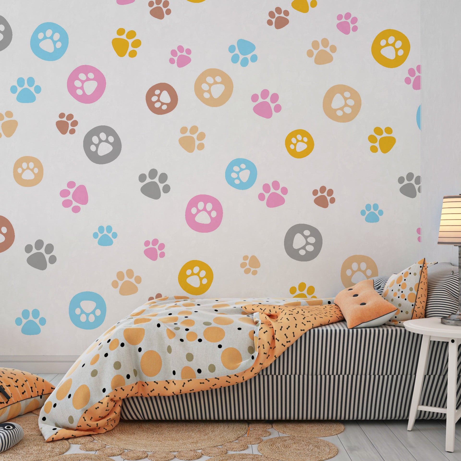 Removable wallpaper featuring a bright spectrum of whimsical animal footprints in a seamless pattern - Joyful Jaunts