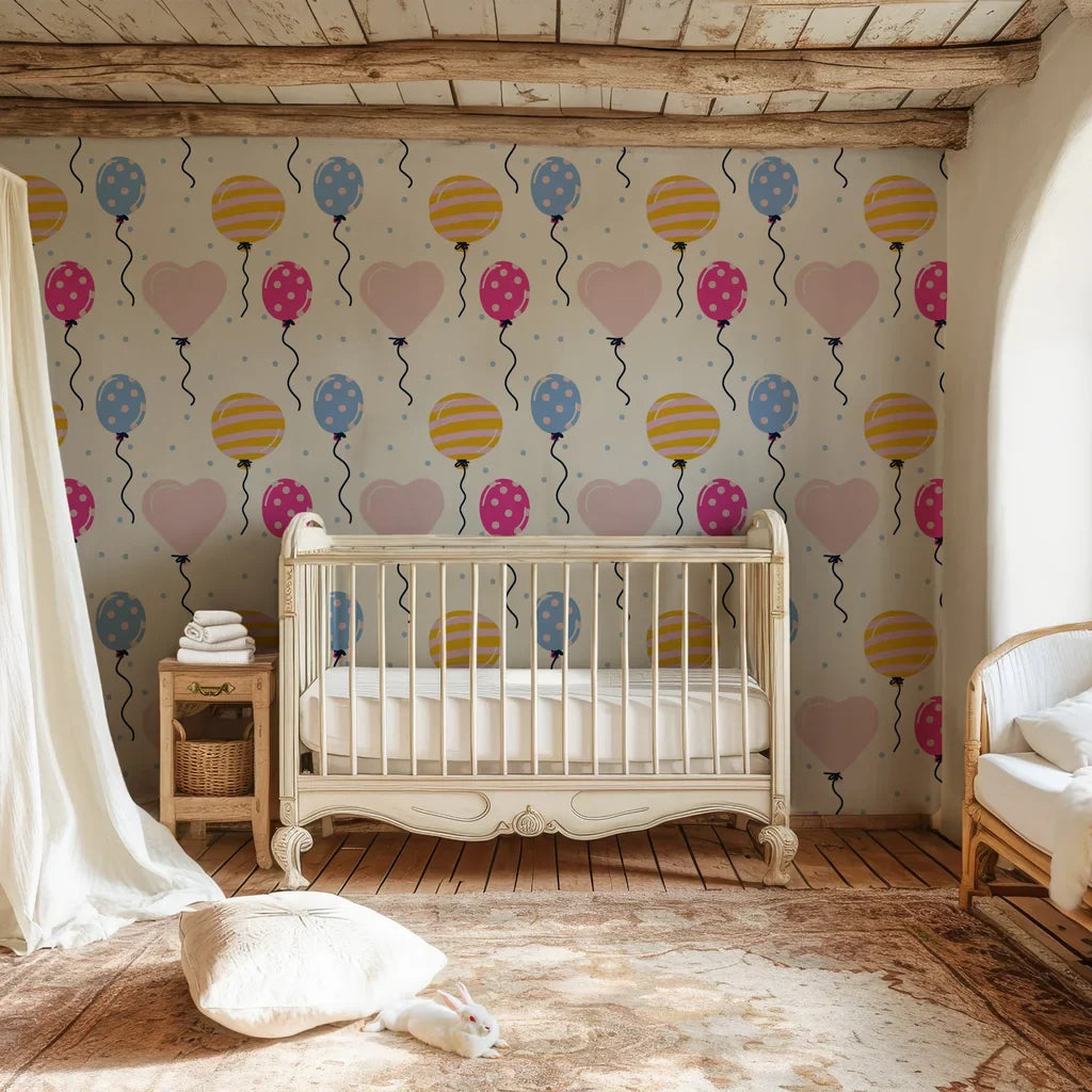 Adhesive wallpaper displaying a celebratory pattern of hearts and balloons against a sleek white backdrop - Joyful Ascent