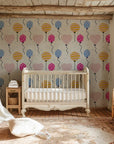 Adhesive wallpaper displaying a celebratory pattern of hearts and balloons against a sleek white backdrop - Joyful Ascent