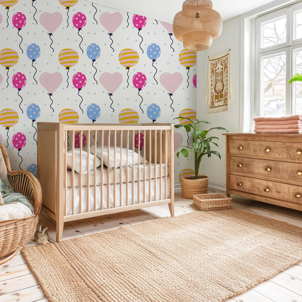 Removable wall decal paper showcasing a playful motif of hearts and floating balloons on a smooth white surface - Joyful Ascent