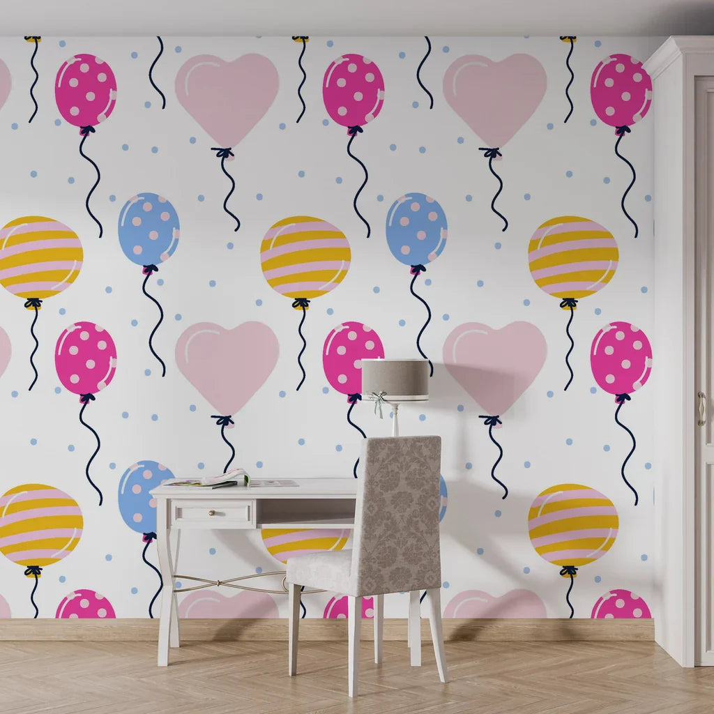 Minimalist white wall covering featuring festive balloons and heart illustrations with a smooth self-adhesive finish - Joyful Ascent