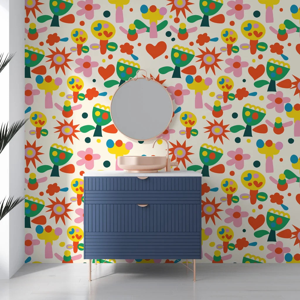 Artistic rainbow-hued geometric flower motifs on a self-adhesive wall covering - Joyful Bloom