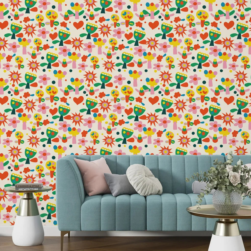 Contemporary bright botanical design with abstract shapes and vivid colors for peel-and-stick application - Joyful Bloom