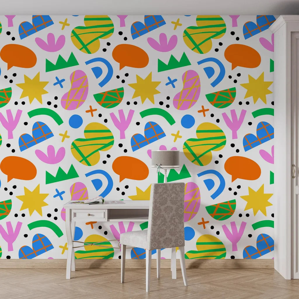 Vibrant multicolored geometric figures on a sleek white adhesive wall covering - Joyful Echoes