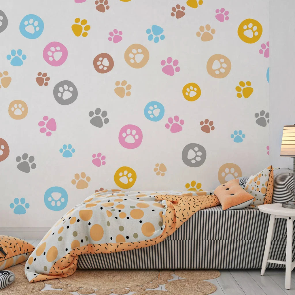 Removable wallpaper featuring a bright spectrum of whimsical animal footprints in a seamless pattern - Joyful Jaunts