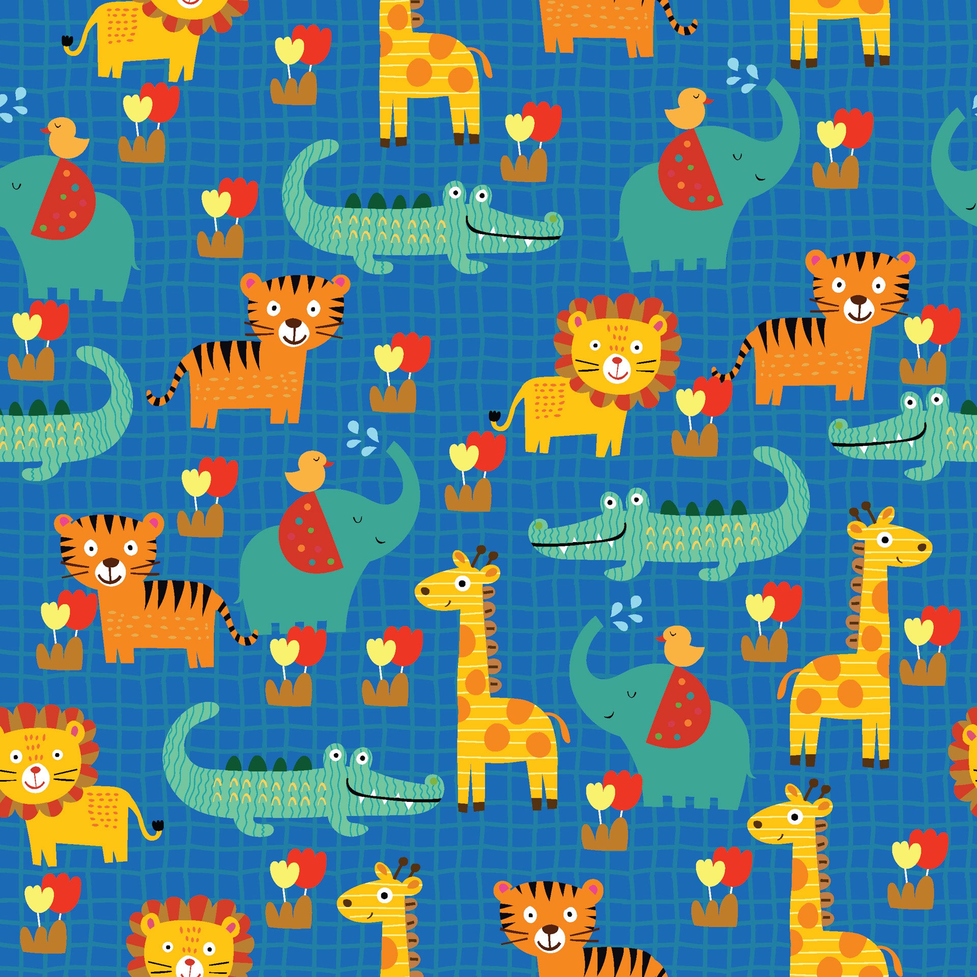 Blue jungle animal and flower grid peel and stick wallpaper - Jungle Bloom