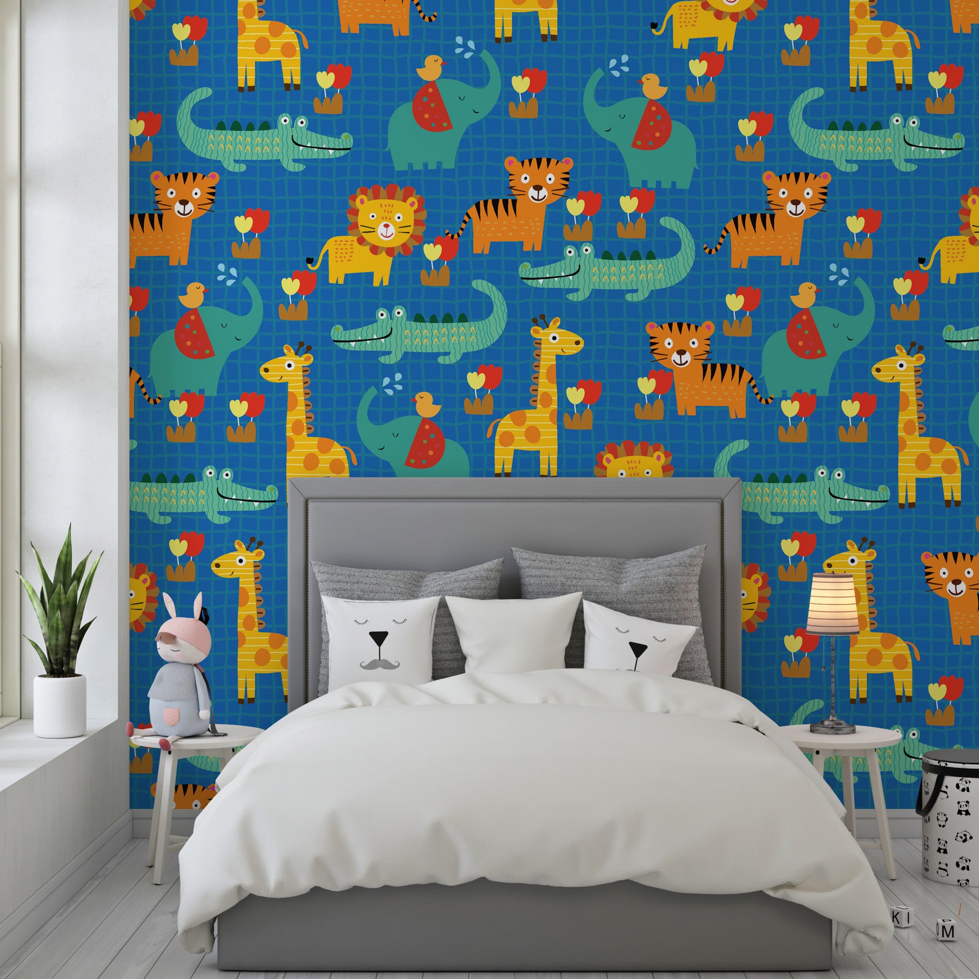 Cerulean botanical and wildlife lattice self-adhesive wall covering - Jungle Bloom