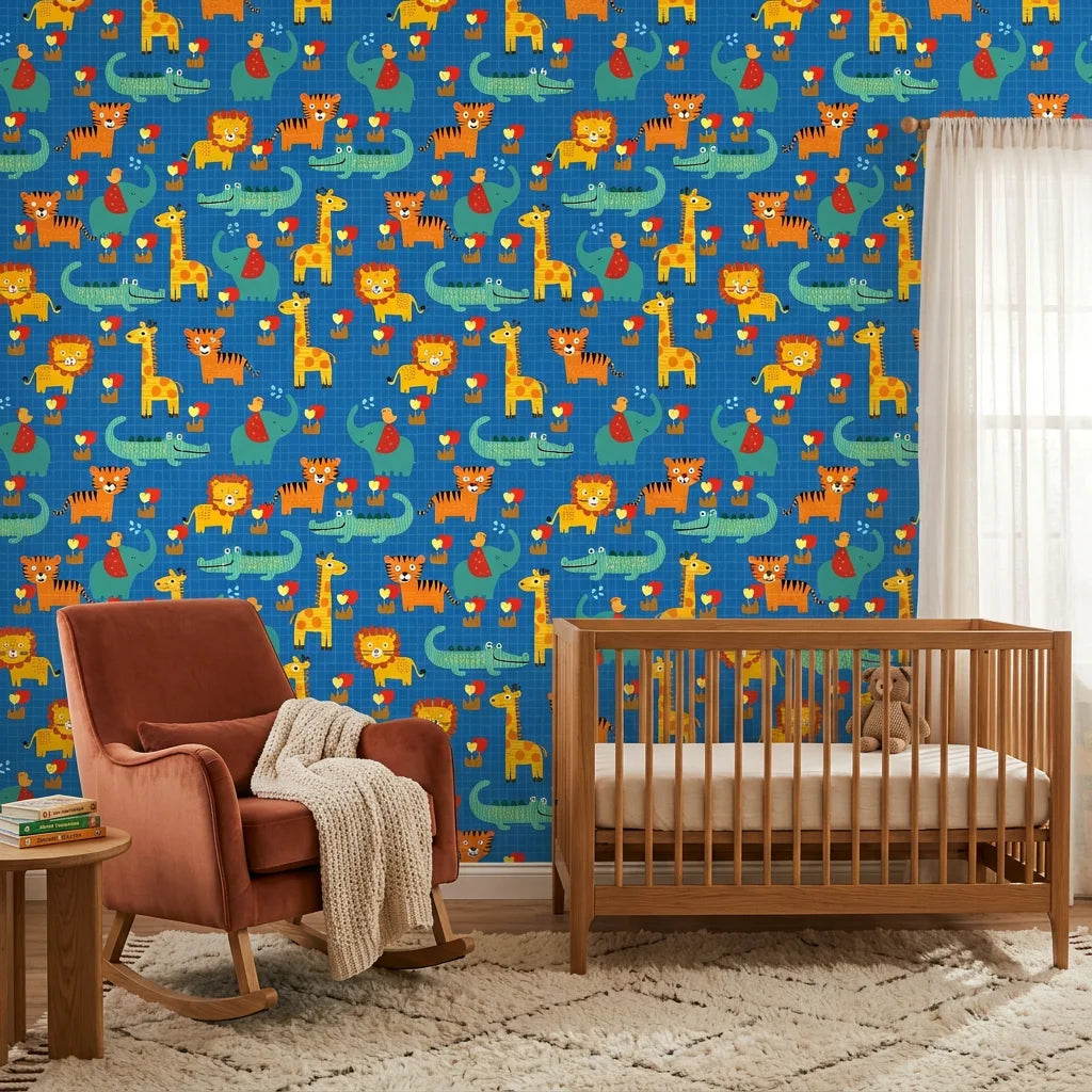 Jungle Bloom blue grid safari animal wallpaper in a warm and inviting living room