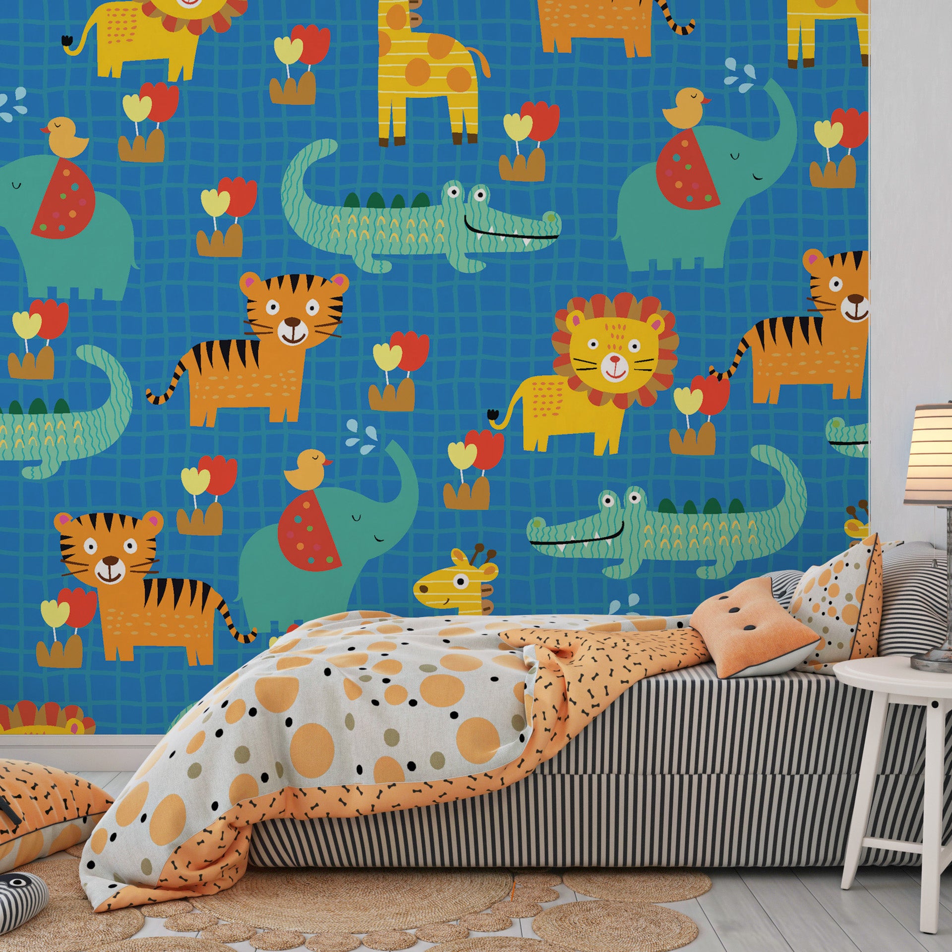 Blue-toned exotic fauna and flora arranged in a structured grid pattern wallpaper - Jungle Bloom
