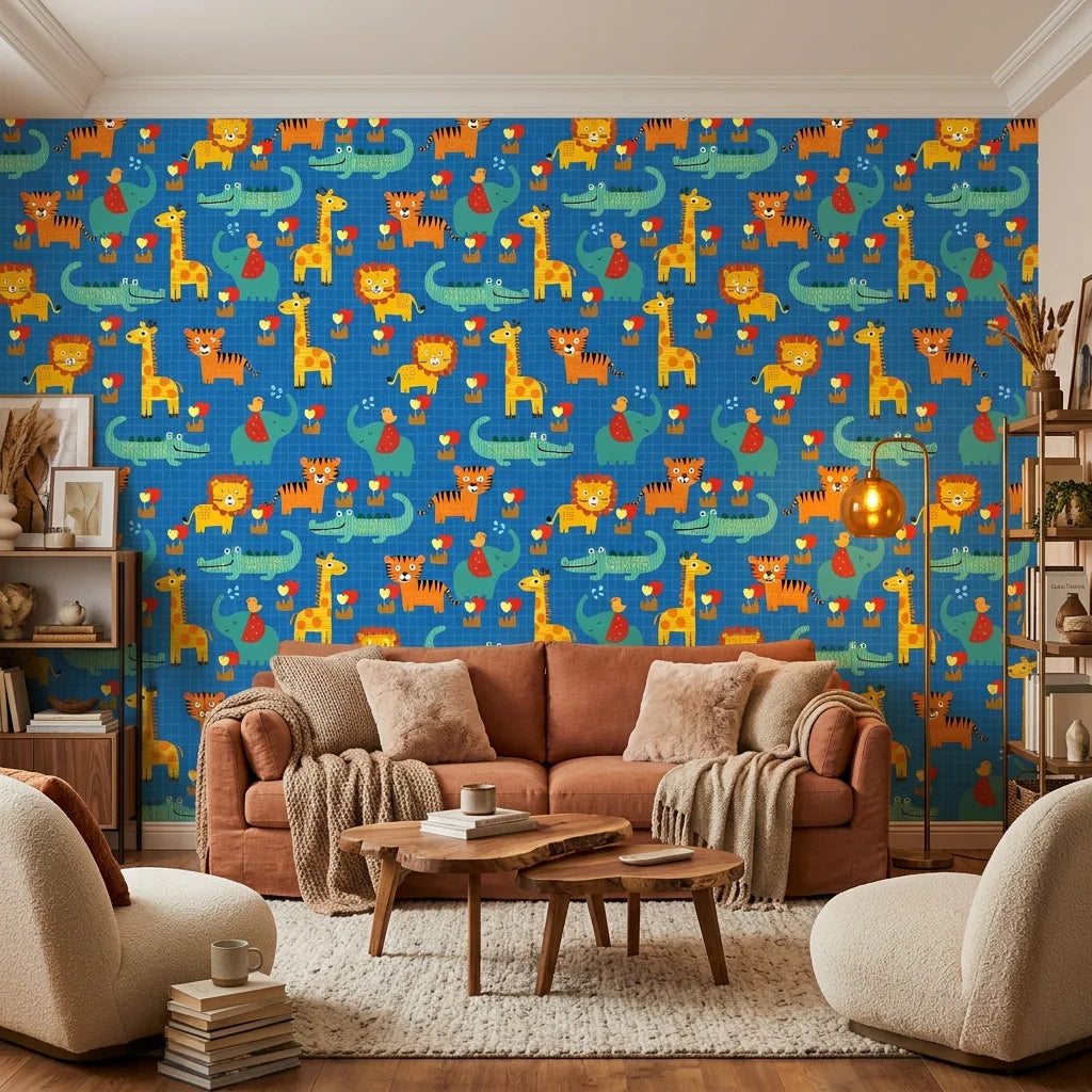 Jungle Bloom blue grid safari animal wallpaper adding character to a cozy bedroom
