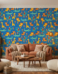 Jungle Bloom blue grid safari animal wallpaper adding character to a cozy bedroom