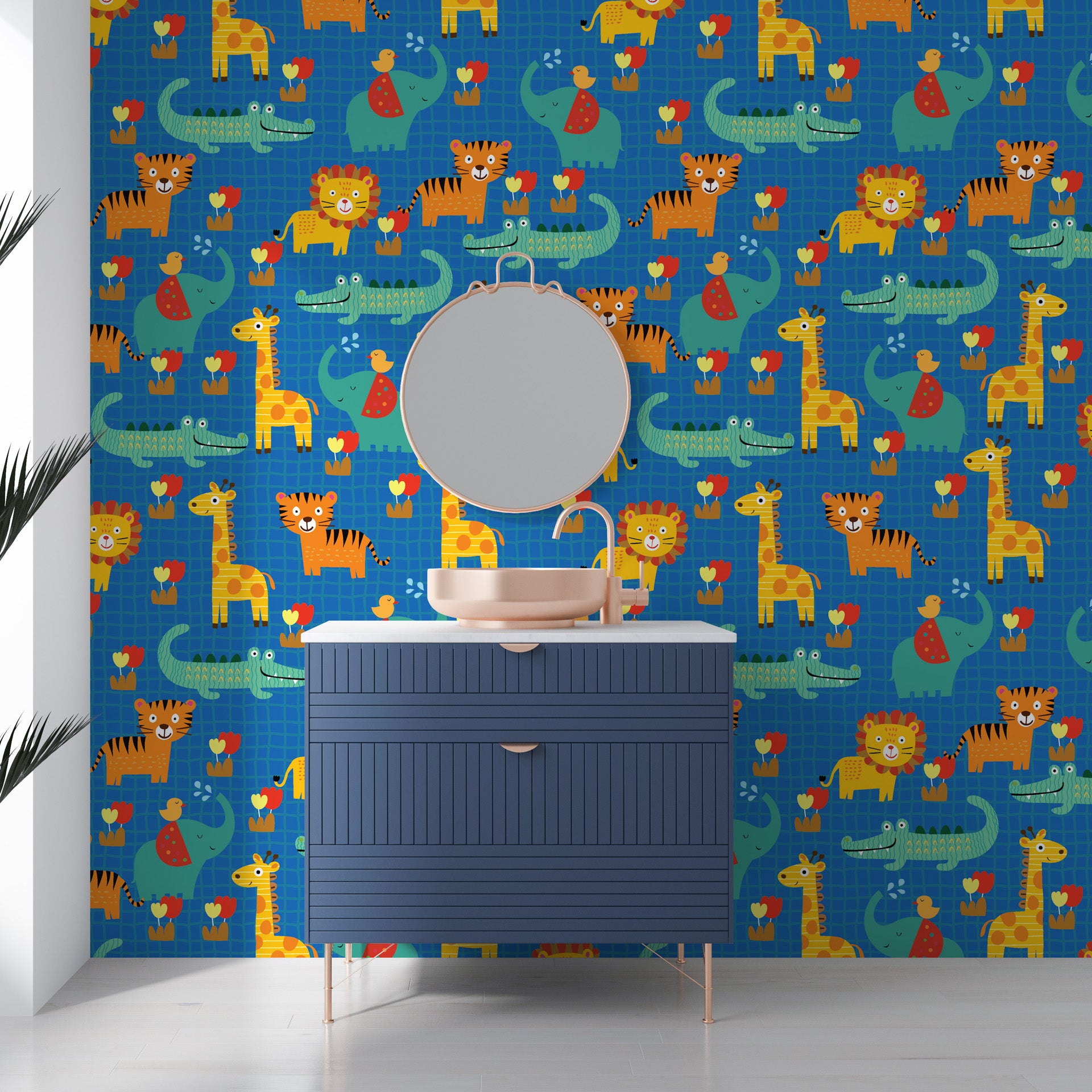 Self-adhesive mural featuring navy jungle creatures and tropical blossoms in square panels - Jungle Bloom