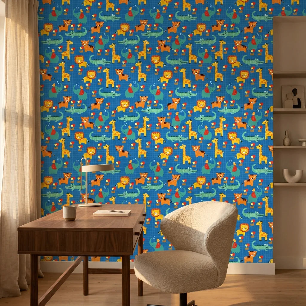 Jungle Bloom blue grid safari animal wallpaper as a feature wall in a bright home office