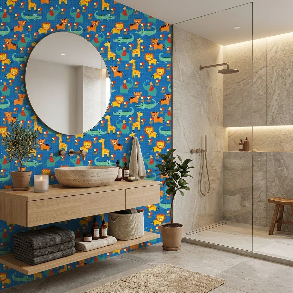 Jungle Bloom blue grid safari animal wallpaper creating ambiance in a serene bathroom