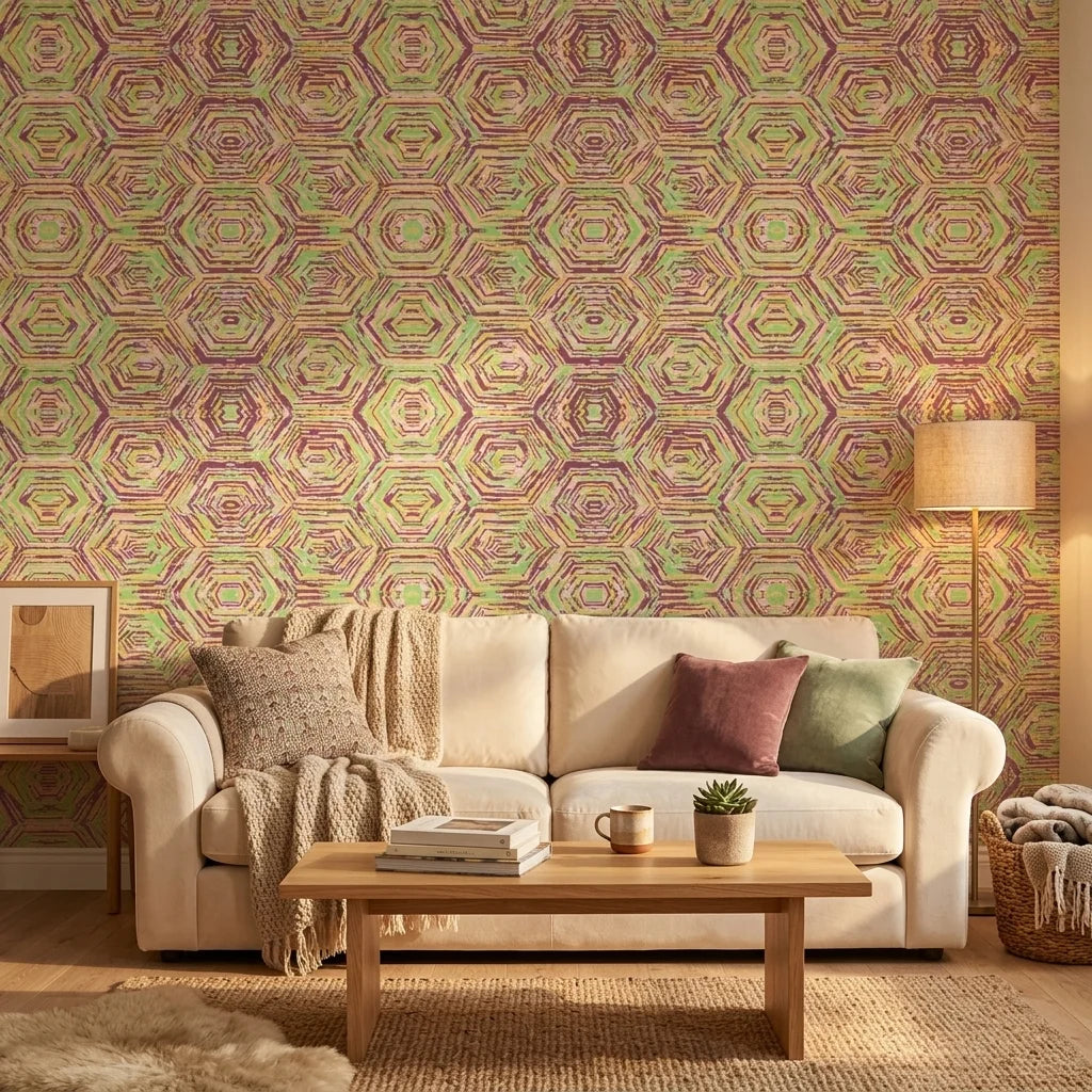 Jungle Echo green geometric peel and stick wallpaper in a warm and inviting living room