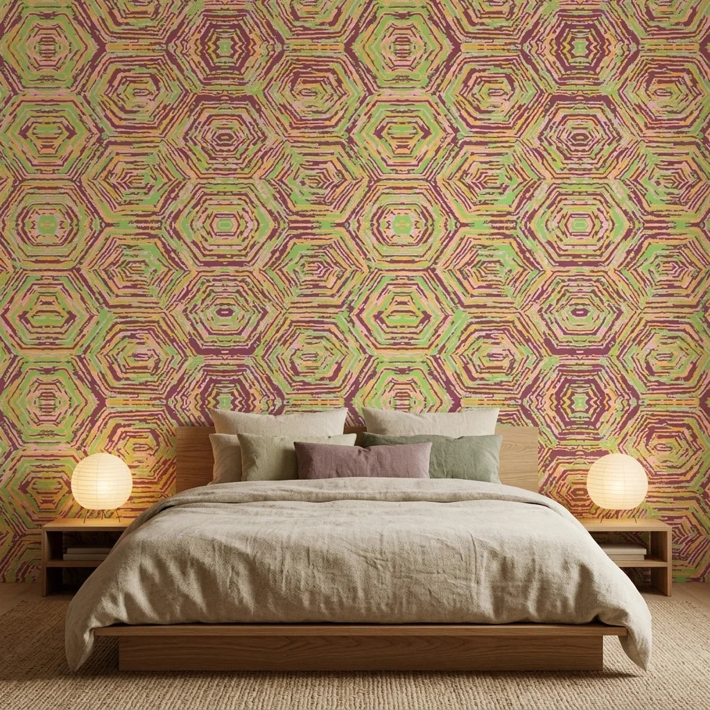 Jungle Echo green geometric peel and stick wallpaper adding character to a cozy bedroom