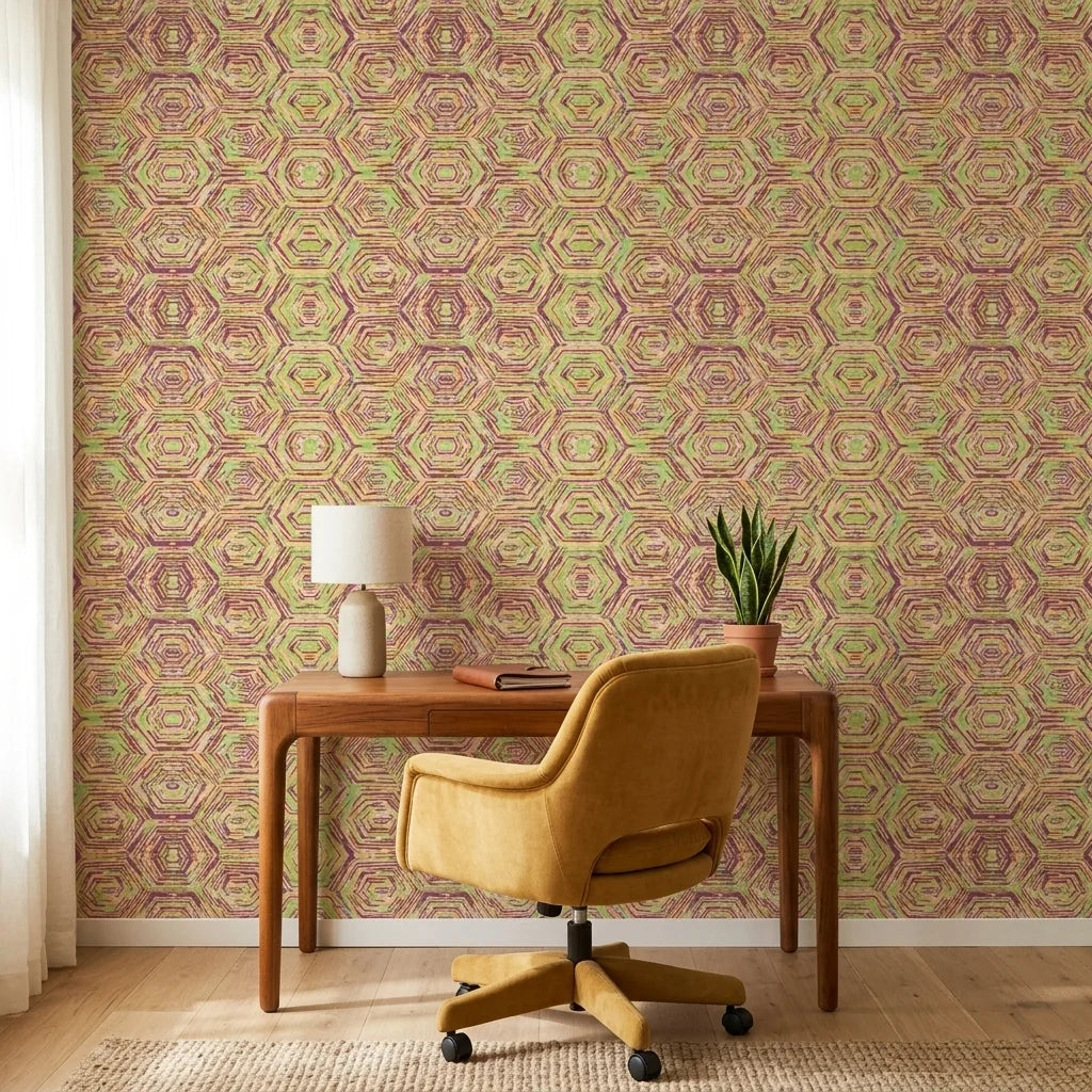 Jungle Echo green geometric peel and stick wallpaper as a feature wall in a bright home office