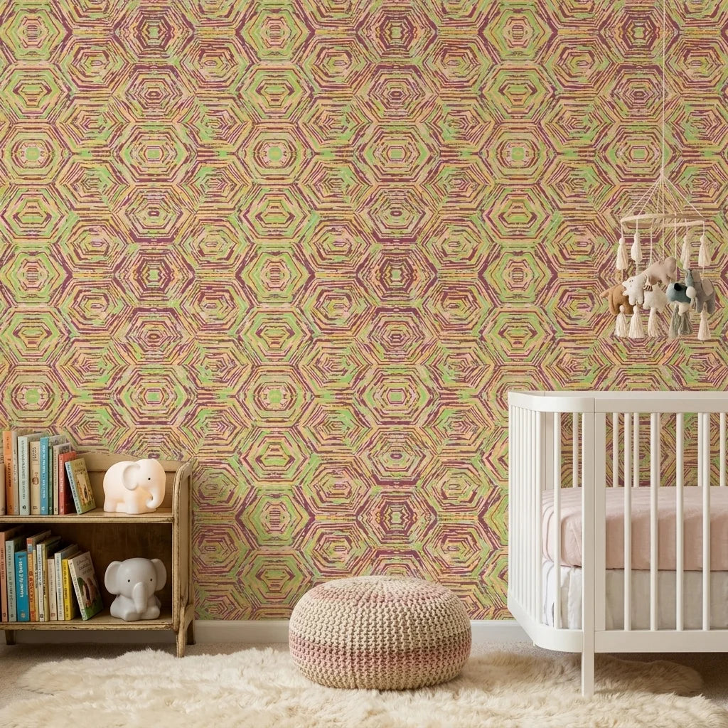 Jungle Echo green geometric peel and stick wallpaper bringing warmth to a peaceful nursery