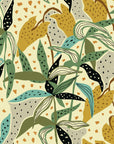 Removable, self-adhesive wallpaper featuring an abstract design of yellow and green jungle foliage