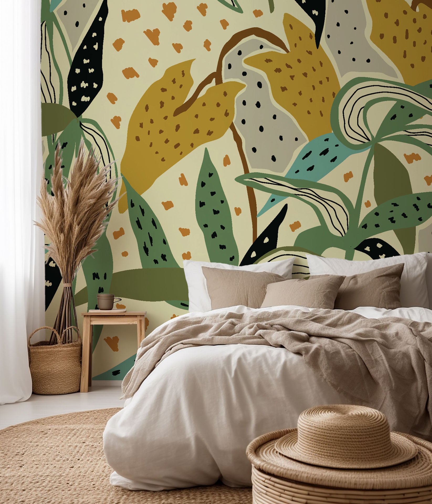 Abstract tropical leaf wallpaper in shades of green and yellow, peel-and-stick style, titled "Jungle Fragment"