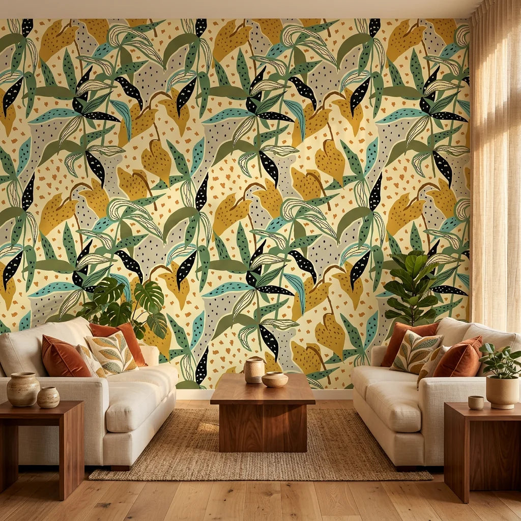 Jungle Fragment green and yellow abstract jungle collage wallpaper in a warm and inviting living room