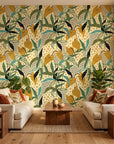 Jungle Fragment green and yellow abstract jungle collage wallpaper in a warm and inviting living room