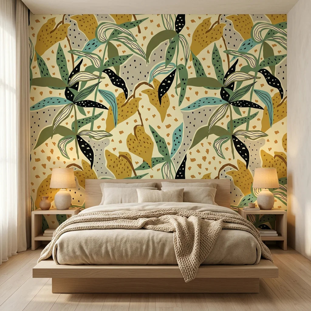 Jungle Fragment green and yellow abstract jungle collage wallpaper adding character to a cozy bedroom