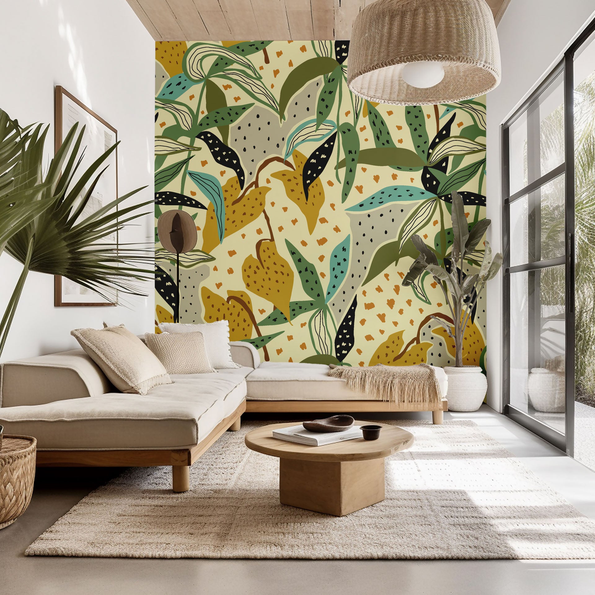 Self-adhesive wallpaper featuring an abstract design of green and yellow jungle leaves