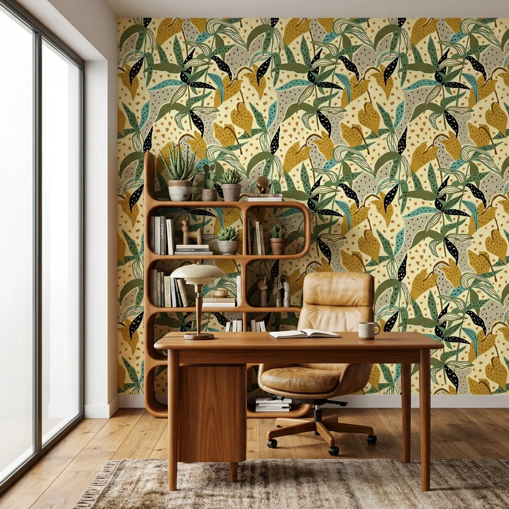 Jungle Fragment green and yellow abstract jungle collage wallpaper as a feature wall in a bright home office
