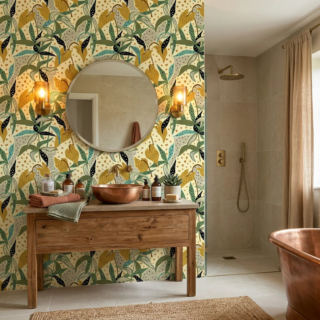 Jungle Fragment green and yellow abstract jungle collage wallpaper creating ambiance in a serene bathroom