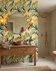 Jungle Fragment green and yellow abstract jungle collage wallpaper creating ambiance in a serene bathroom