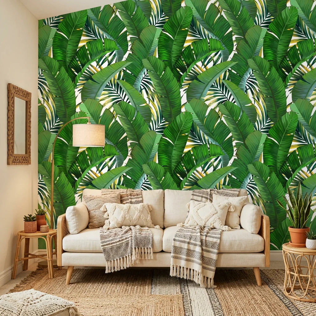 Jungle Gold lush green palm leaf in a warm and inviting living room