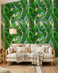 Jungle Gold lush green palm leaf in a warm and inviting living room