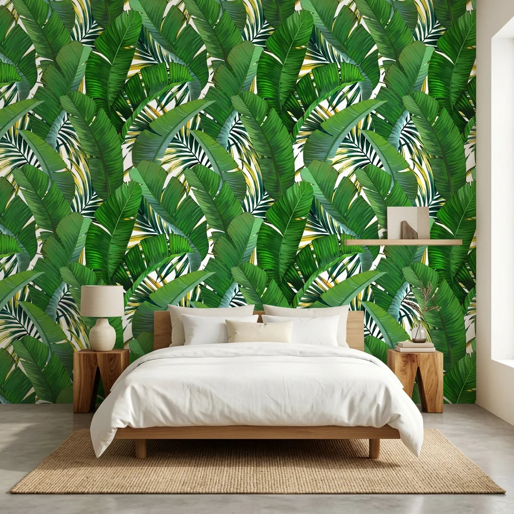Jungle Gold lush green palm leaf adding character to a cozy bedroom