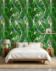 Jungle Gold lush green palm leaf adding character to a cozy bedroom