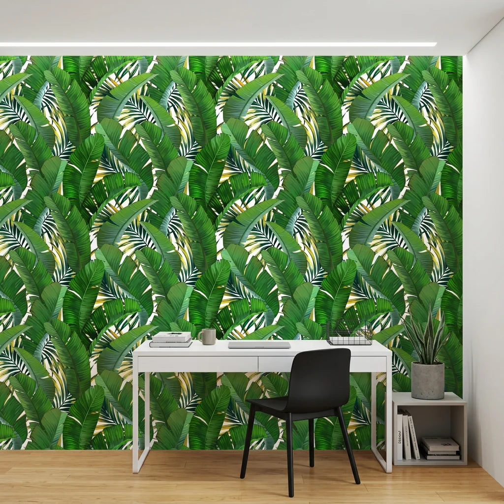 Jungle Gold lush green palm leaf as a feature wall in a bright home office